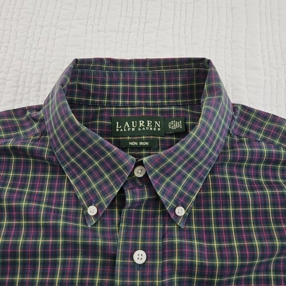 Ralph Lauren Green Label Shirt Men's 17 1/2 32/33 No Iron Plaid Green Blue EUC - Picture 8 of 15